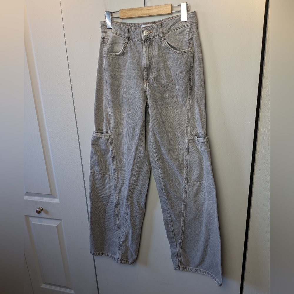 ZARA Baggy Wide Leg Jeans Women Size 4 Made In Morocco Gray Color Loose Fit